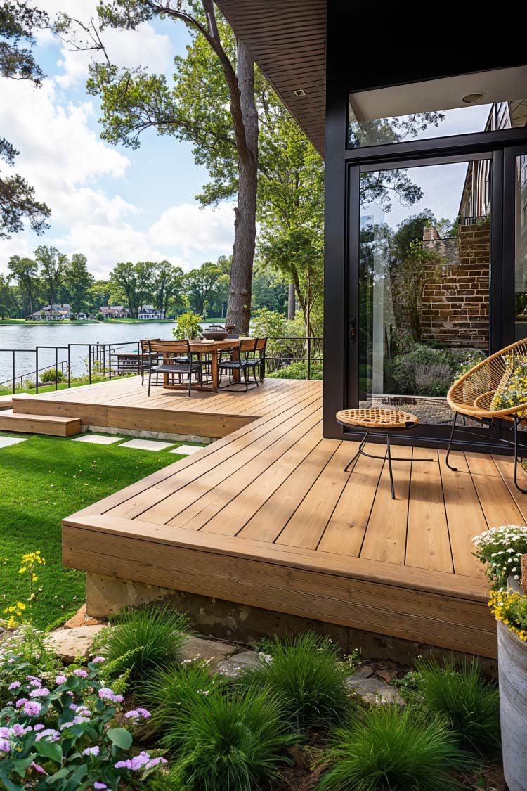 modern patio deck against sliding glass doors