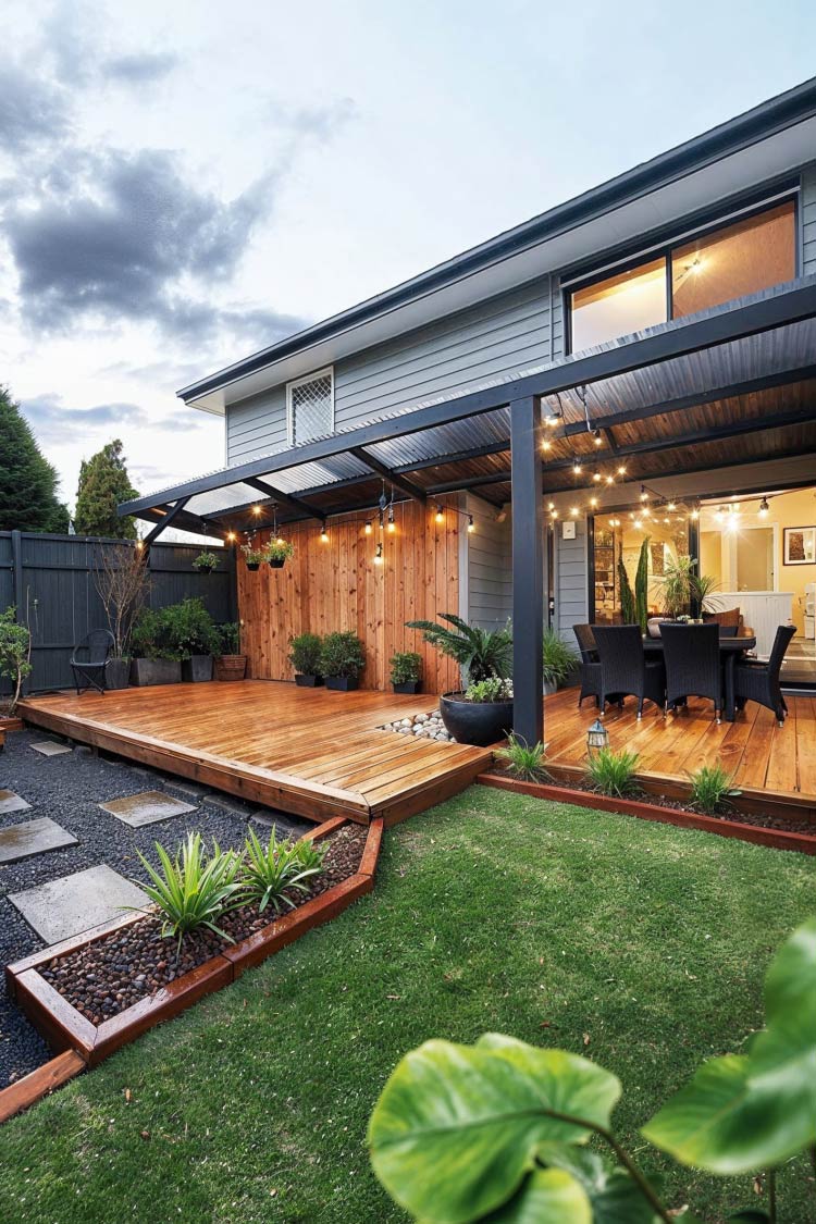 patio deck in yard with fairy lights and lush lawn