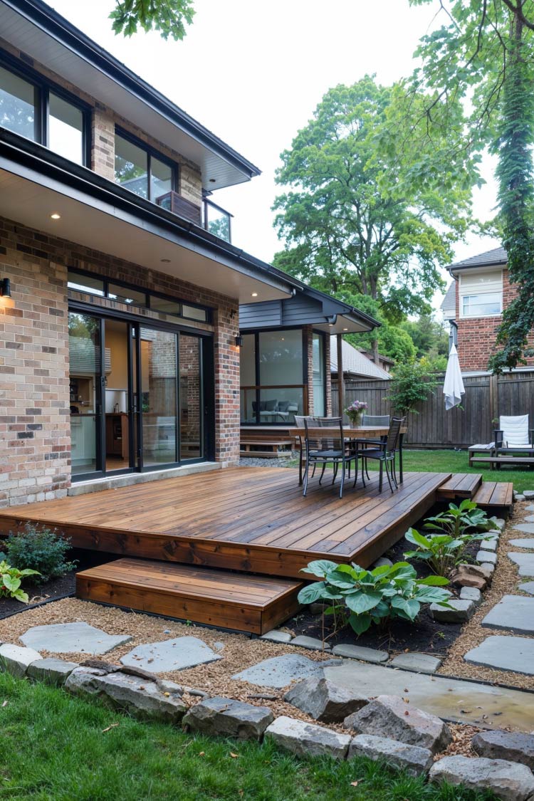 ground patio deck at back of brick home in rustic yard