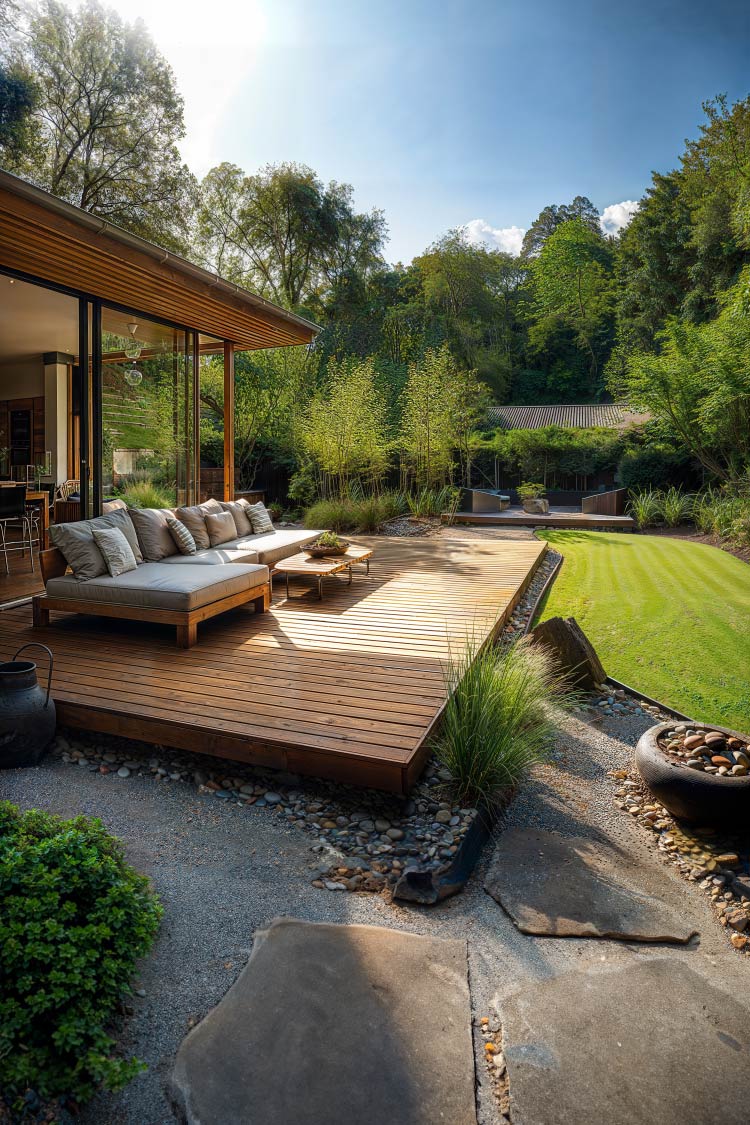 modern patio deck with deck chairs leading to lawn