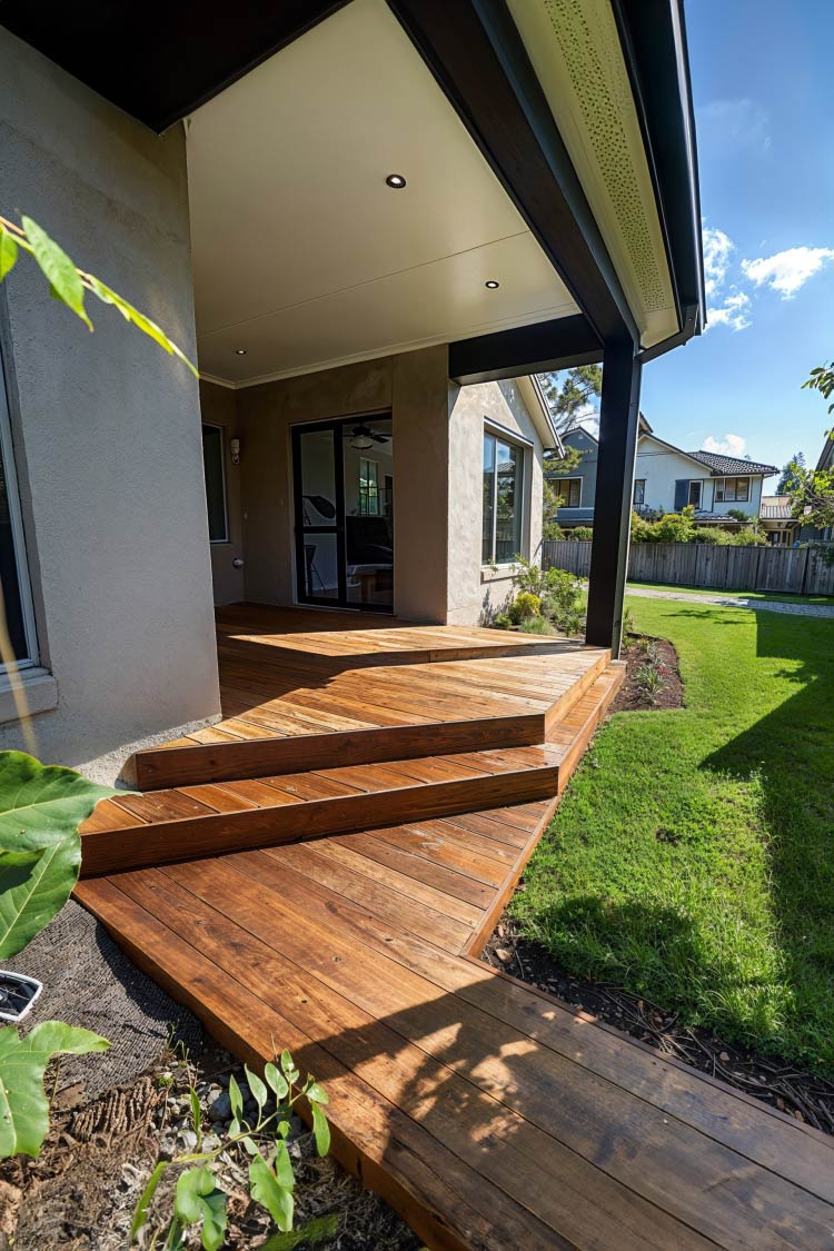 patio deck in modern style with multi level walkway to yard