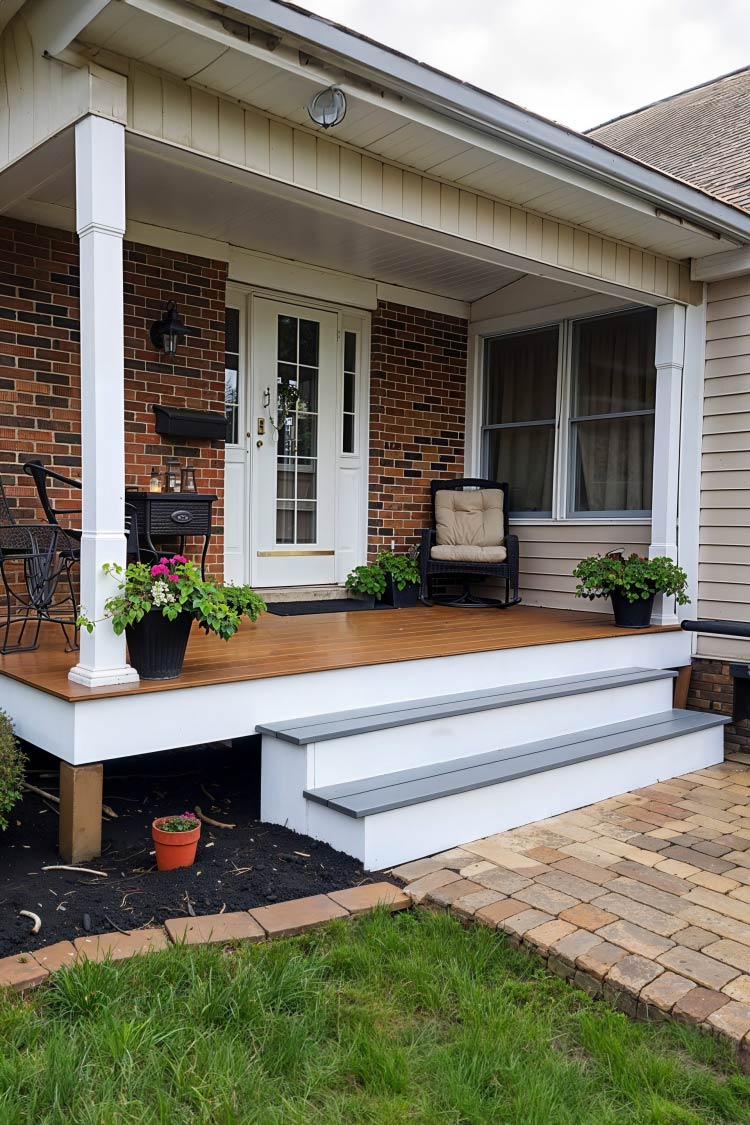 patio deck to front home in traditional brick house