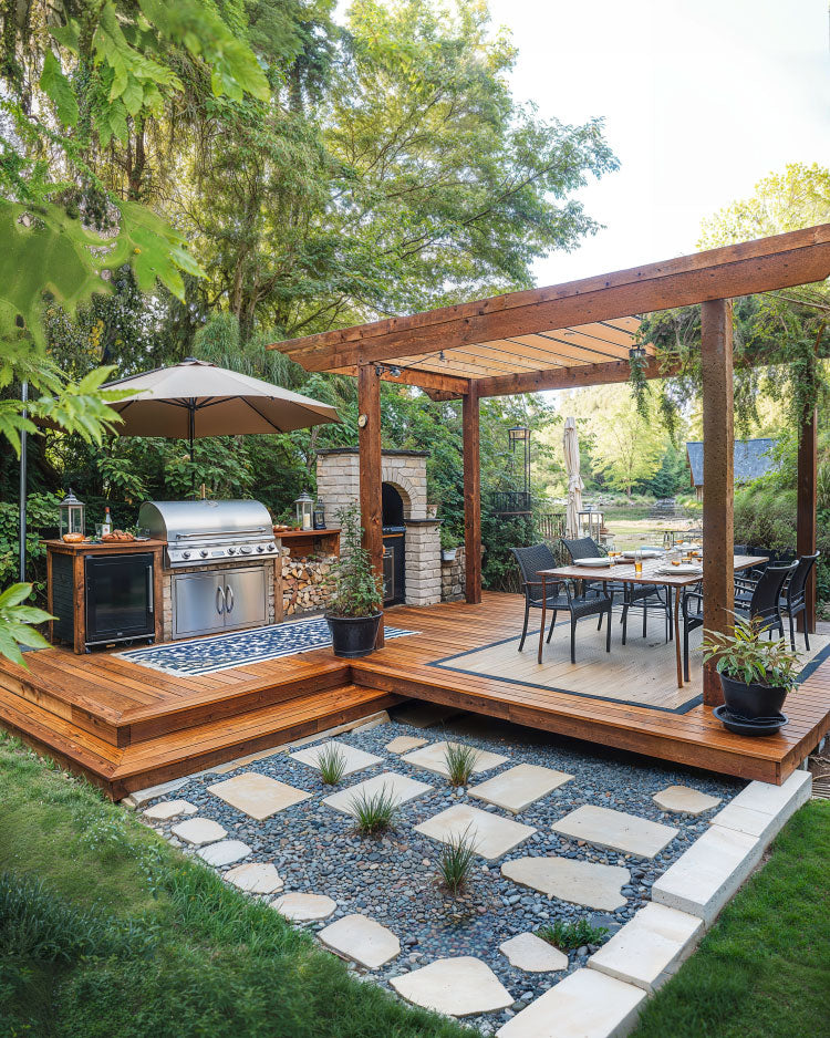 ground deck platform idea with gazebo design and bbq, stones, pavers and lawn
