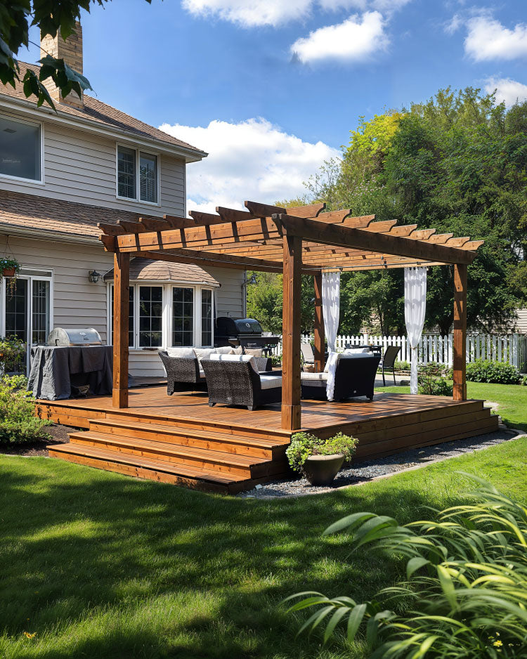 ground deck platform idea with gazebo design and deck stairs in big yard with lawn