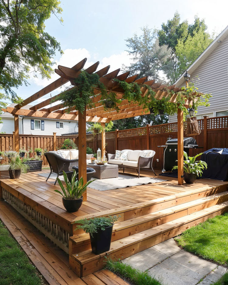 ground deck platform idea with gazebo design, potted plants, outdoor furniture, deck stairs and paved path