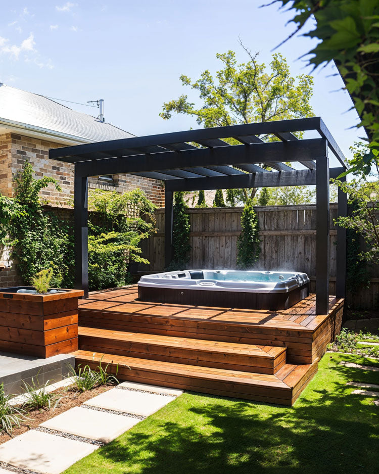 ground deck platform idea with gazebo design and spa