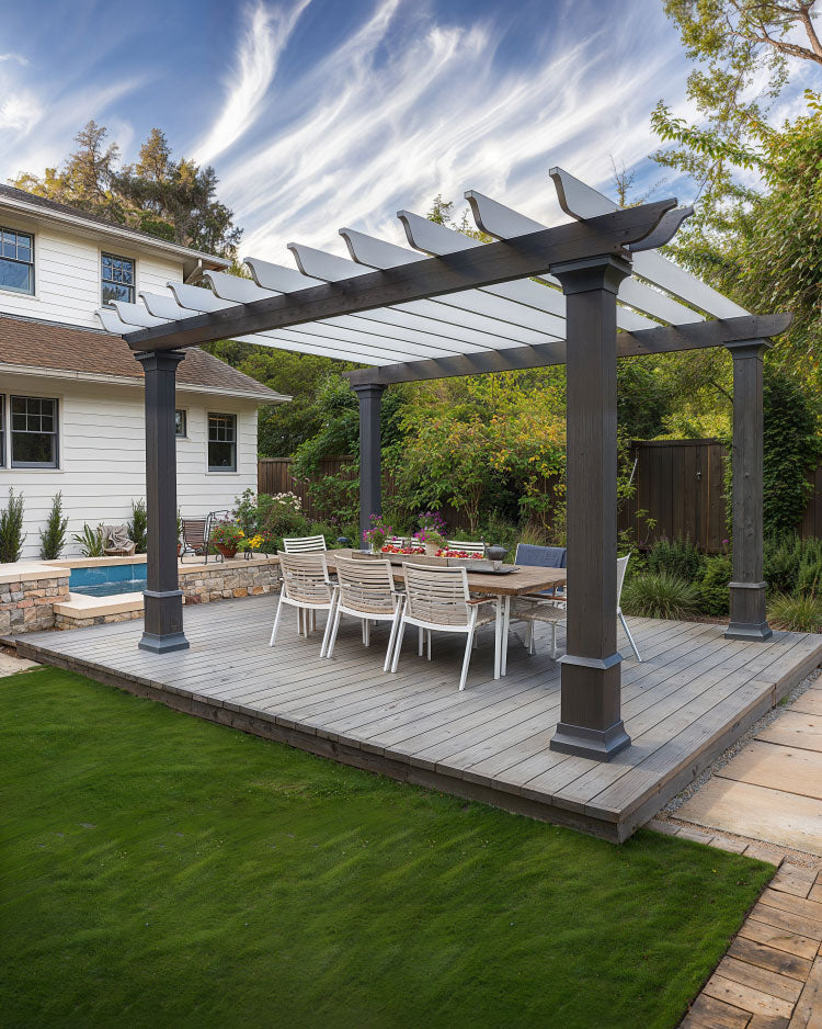 ground deck platform idea with gazebo design, outdoor dining and a well kept lawn
