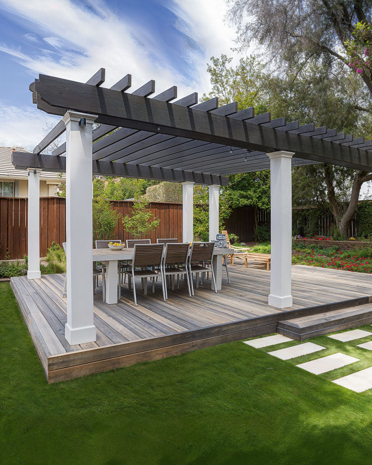 ground deck platform idea with gazebo design, outdoor dining area, pavers and a well trimmed lawn