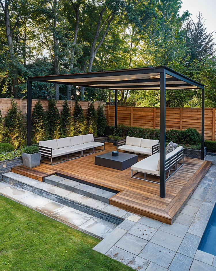 ground deck platform idea with pergola design, swimming pool and pavers, tiling, lawn