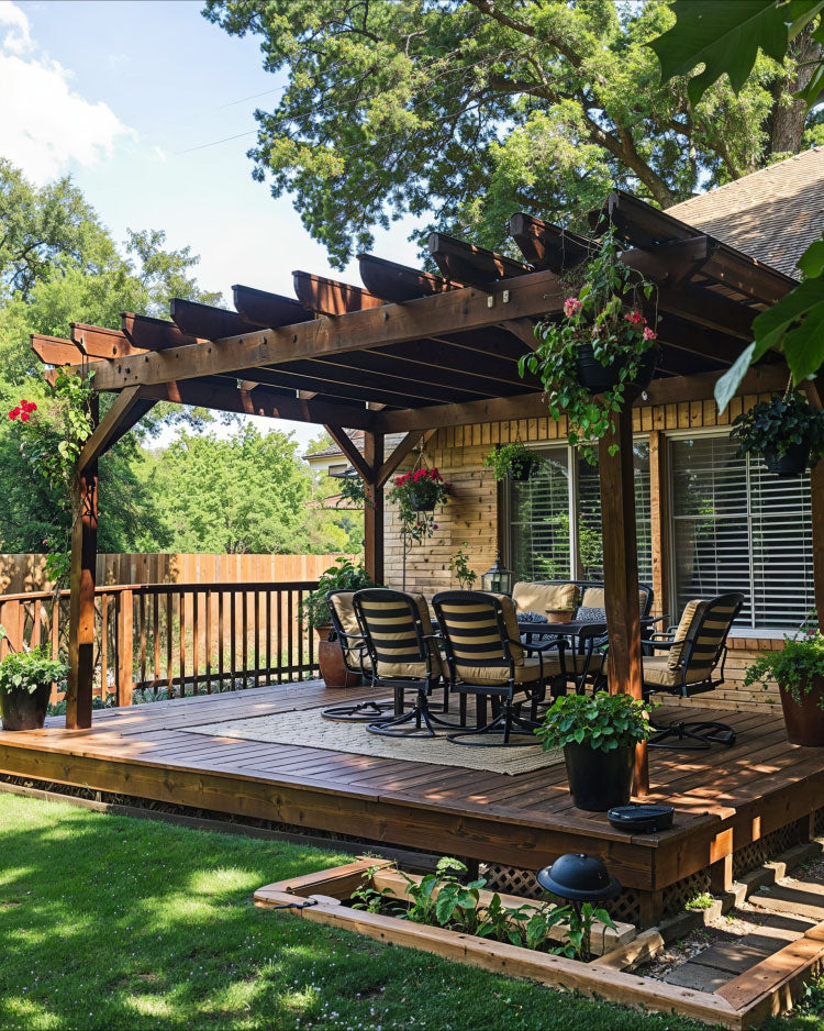 ground deck platform idea with gazebo design in shade, outdoor dining area, garden bed and plants climbing the pergola