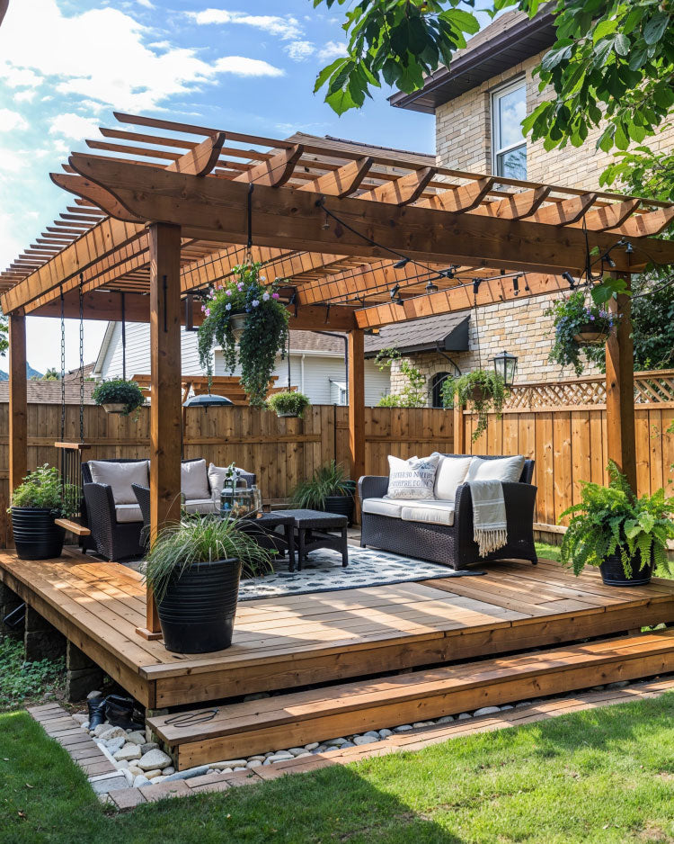 ground deck platform idea with gazebo design, outdoor sofa, bbq, potted plants, lawn and rug