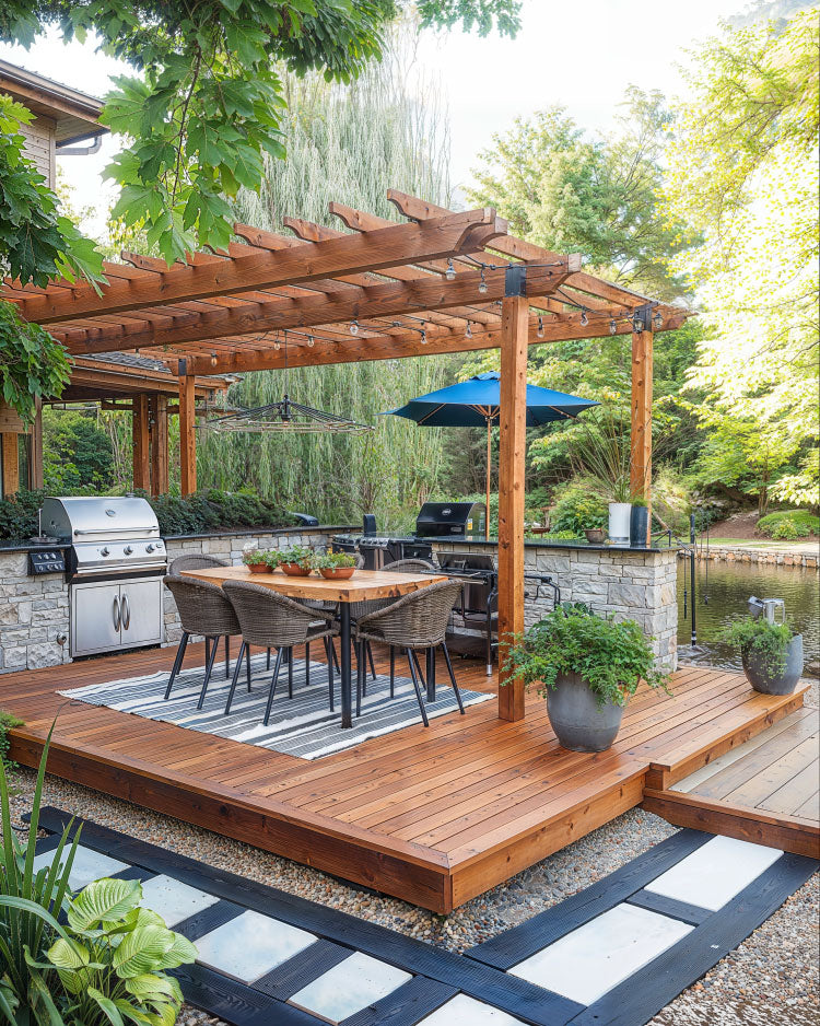 ground deck platform idea with gazebo design, bbq, rug and pavers around deck