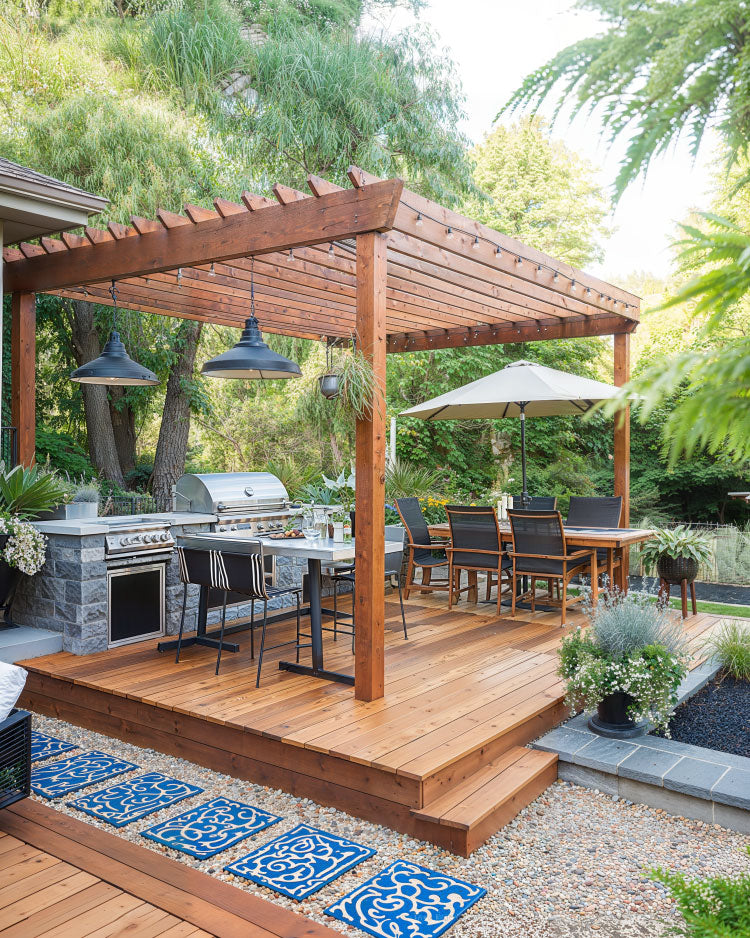 ground deck platform idea with gazebo design, blue pattern pavers, bbq area and outdoor dining