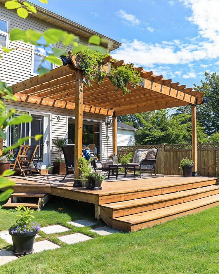 patio deck platform idea with gazebo design and steps leading to lawn with deck pavers and potted plants