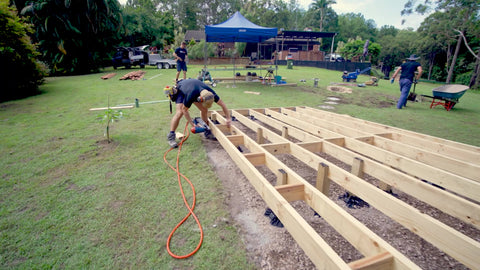 deck, lumber, tuffblocks, posts, joists, soil, paver base, turf, tools 