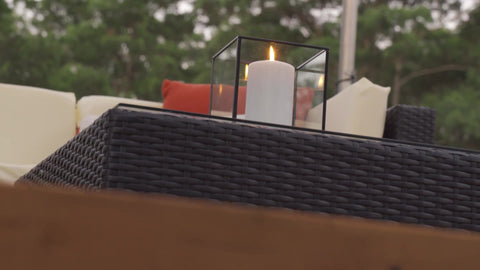 candle, outdoor sofa set, cushions, deck, patio 