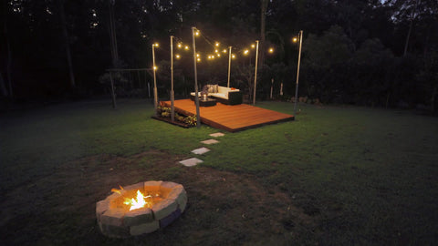 festoon lights, deck, fire pit, deck decor, landscaping, outdoors