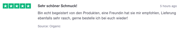 Sehr schöner Schmuck! Bin echt begeistert, von den Produkten, eine Freundin hat sie mir empfohlen, Lieferung ebenfalls sehr rasch, gerne bestelle ich bei euch wieder!