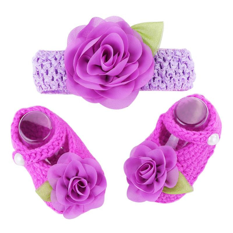 Purple Flowers Woolen Shoes \u0026 Headband 