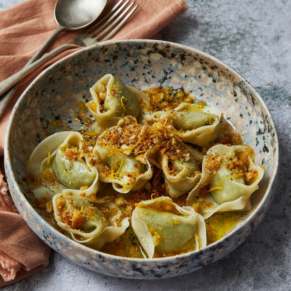 pasta evangelists - pea and shallot tortelloni with garlic butter