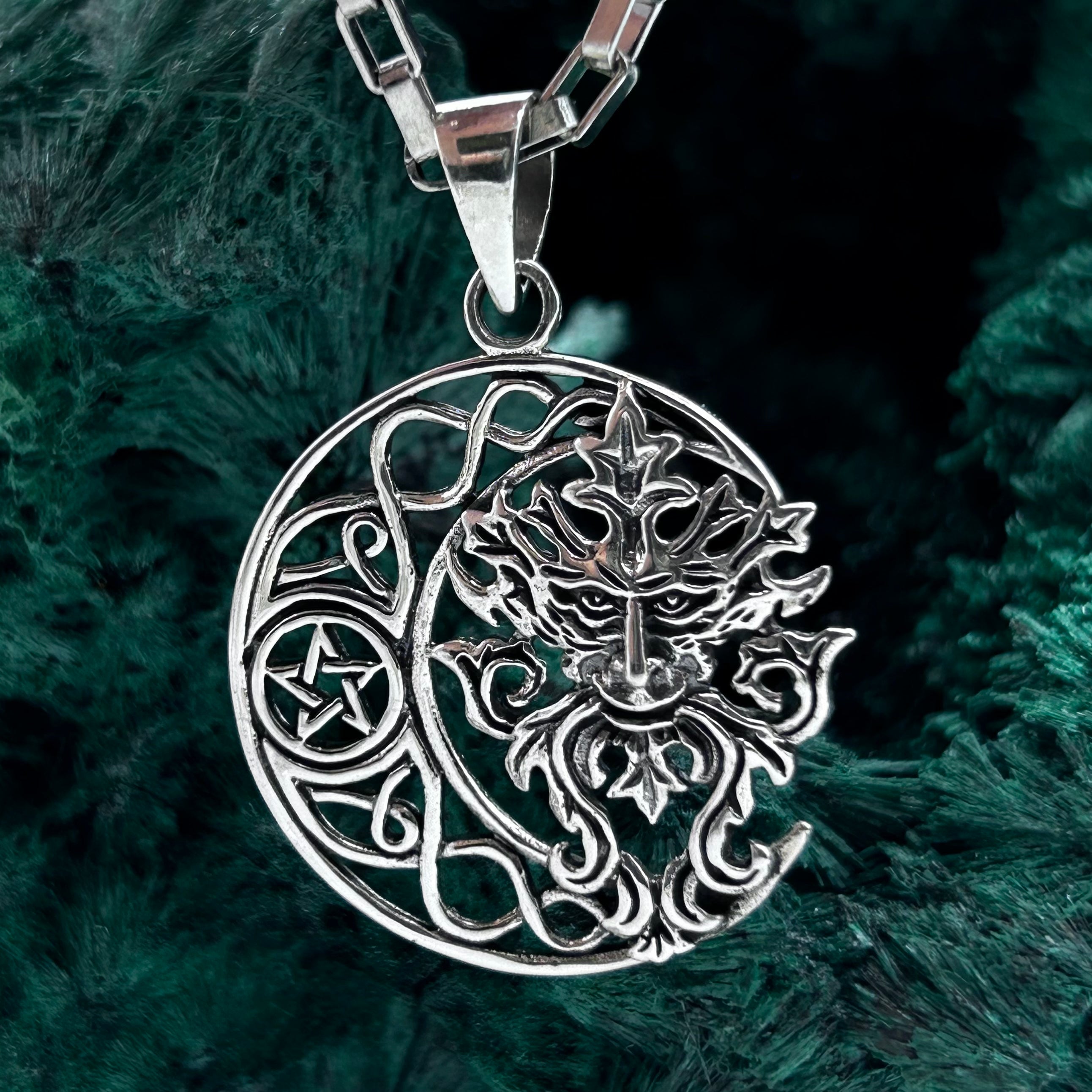 Green Man Cresent Moon Sterling Silver Pendant