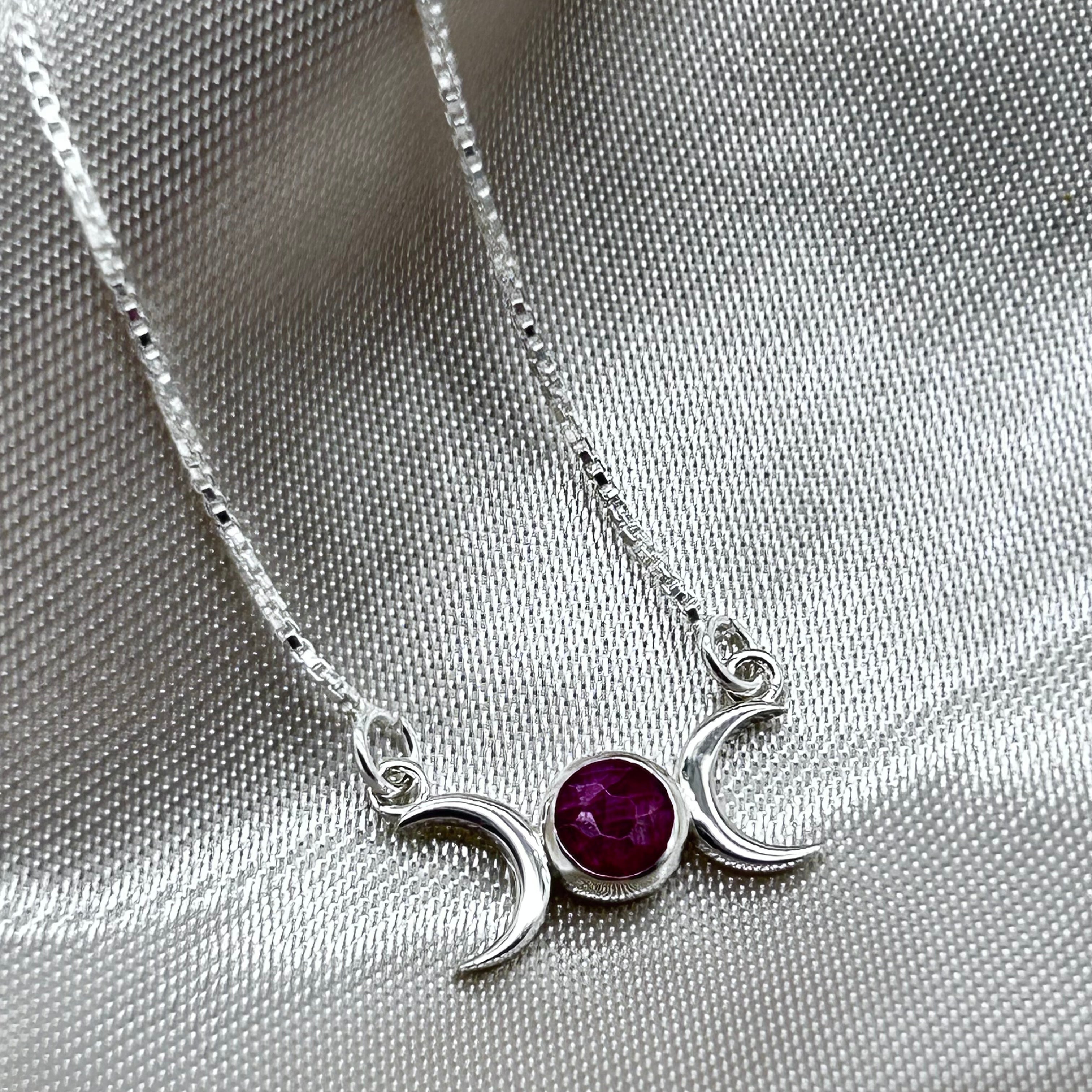 Moon Phase Small Sterling Silver Ruby Crystal Necklace