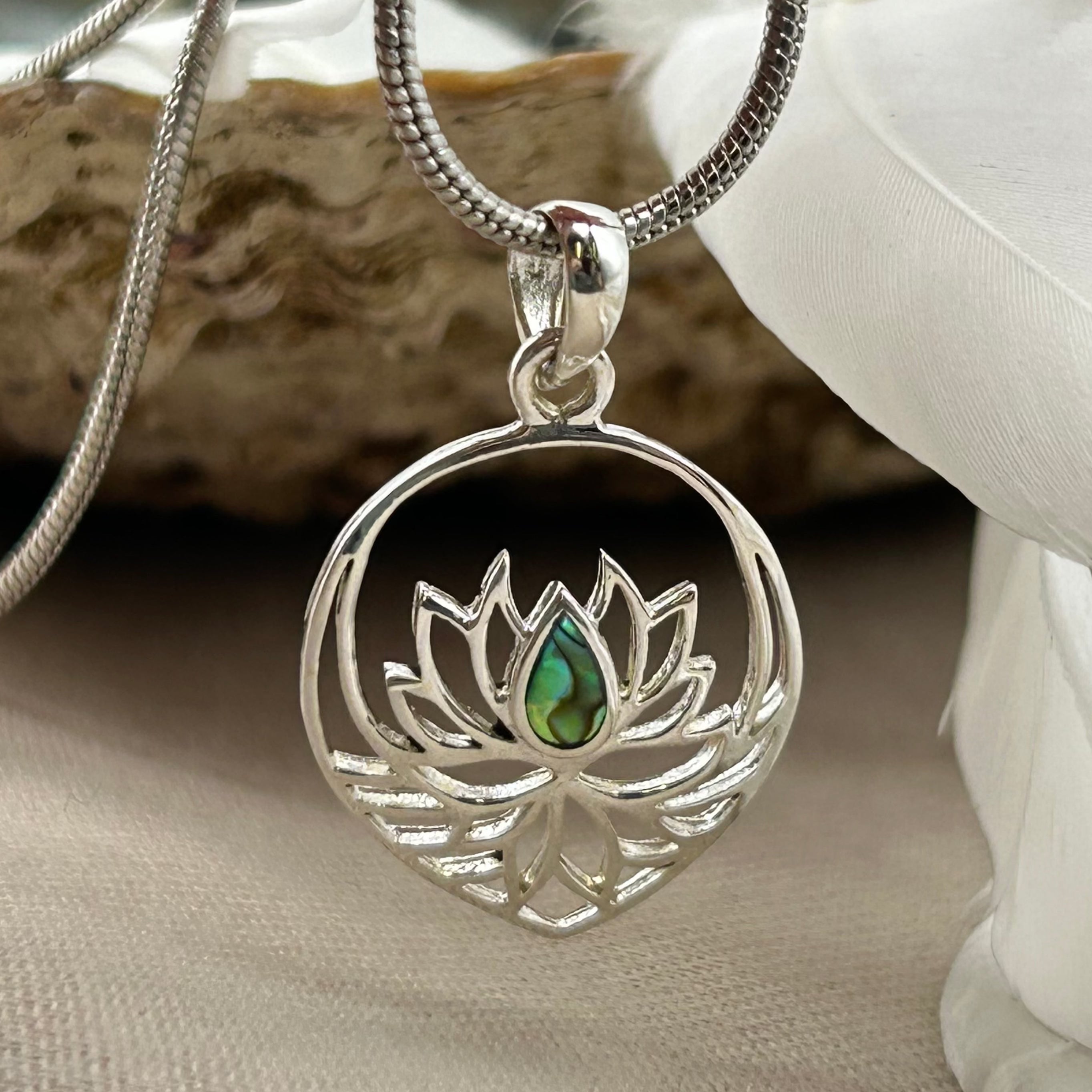 Lotus Flower Teardrop Mother Of Pearl Sterling Silver Pendant