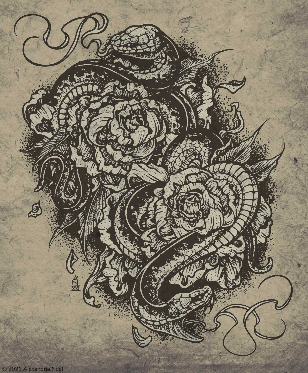 snake and flower illustration by alexandria noel