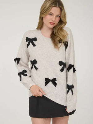 Mine LA Bow Pattern Long Sleeved Sweater - Leaf Boutique