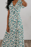 The Sanid Floral Maxi in Green, Wren & Ivory dresses, fashion, Wren & Ivory, Wren and Ivory, short sleeve, partially lined dress, maxi length, floral dress, true wrap maxi, snap closure neckline, ladies dress, self tie belt, longdress, Nursing Friendly, Green and ivory dress