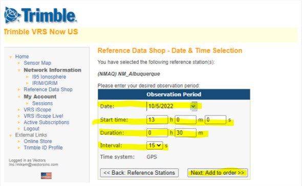 Trimble VRS Now Date Time Duration Interval