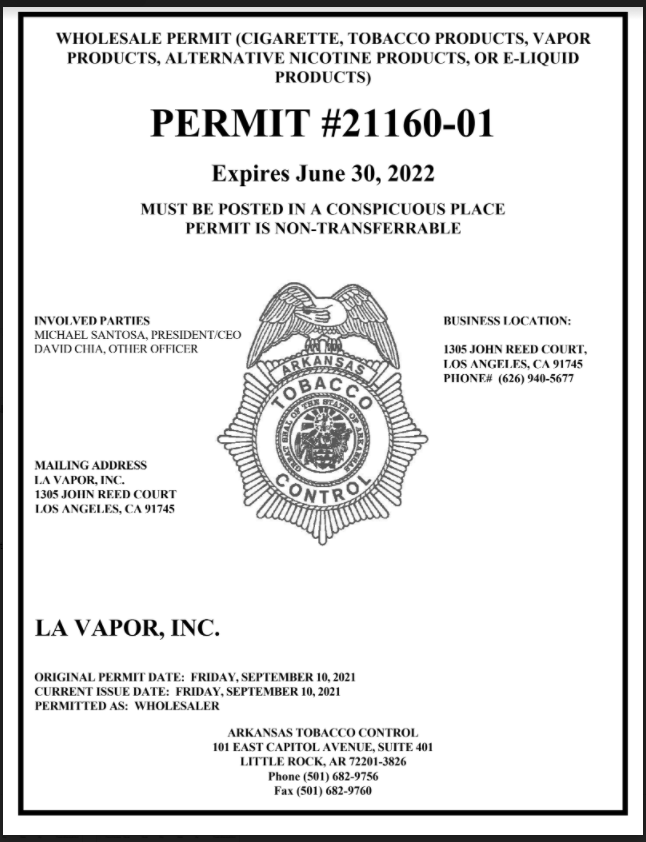 Tobacco Licenses LA Vapor Inc