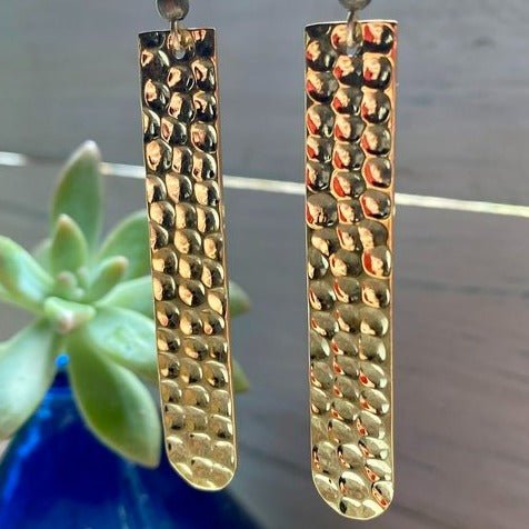 Long brass spike studs, hammered finish, tribal earrings – Nohline