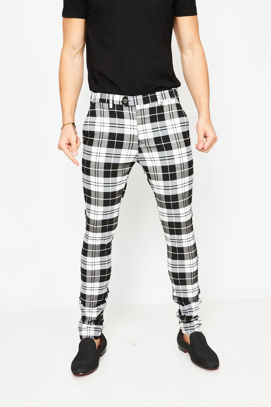 black and white plaid trousers