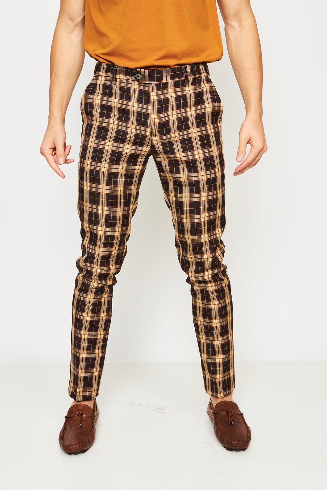 black and yellow checkered trousers