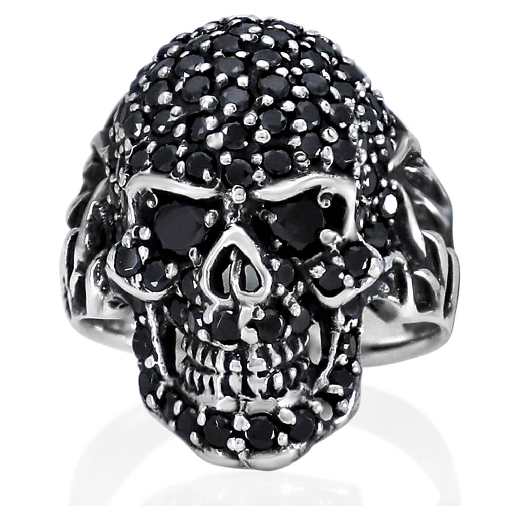 Black Skull Ring made of 925 Sterling Silver with CZ Stones - VY Jewelry