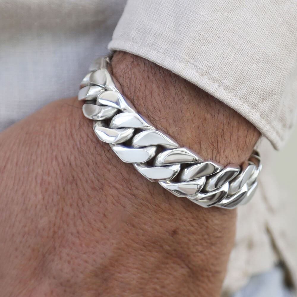 Cuban Silver Bracelet for Men Solid 15mm Links Chain VY Jewelry