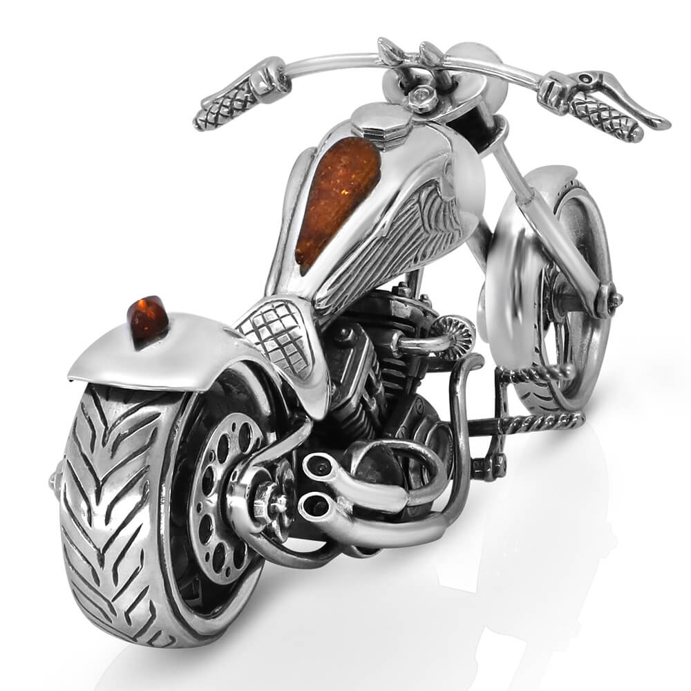 Motorcycle Figurine made of 925 Solid Silver, Amber Stones VY Jewelry