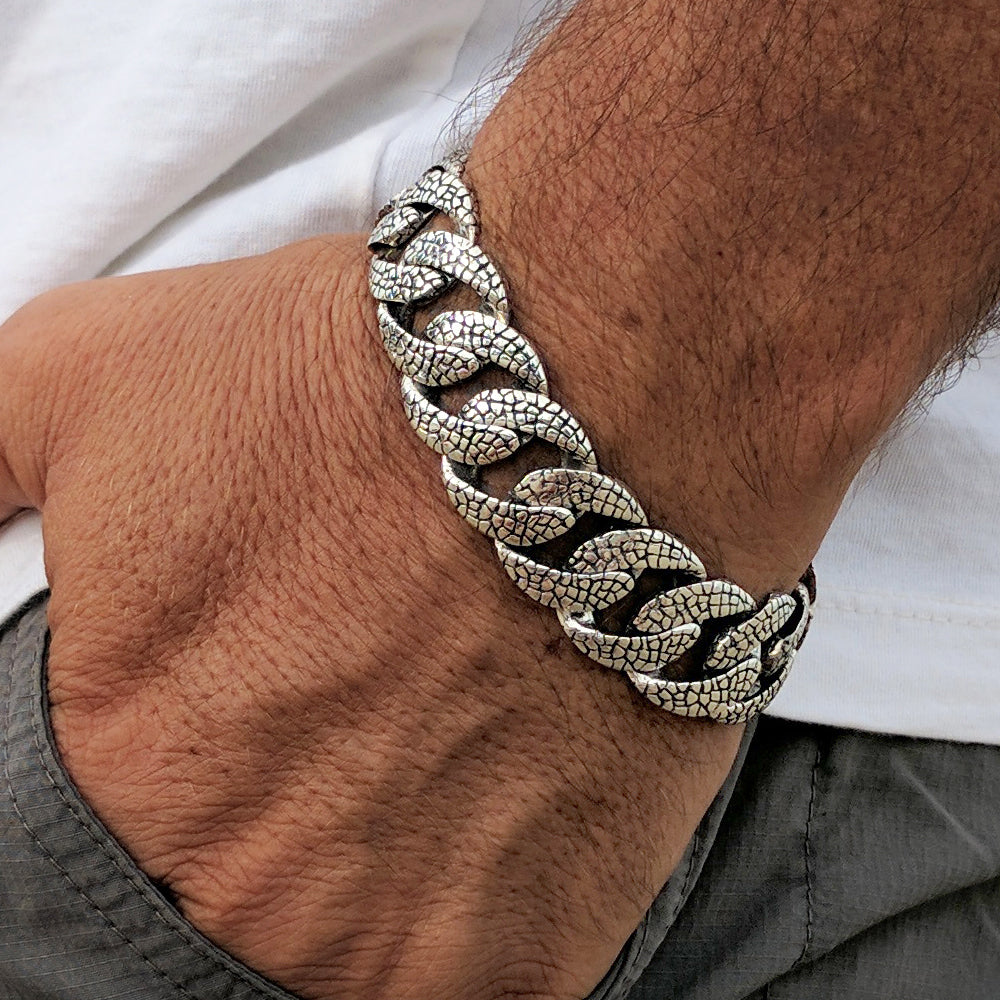 Silver Men Bracelet - Lizard Skin - Size 7 to 10 inches - VY Jewelry
