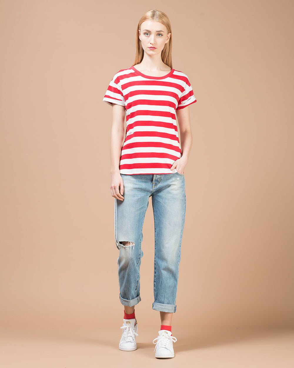 womens red and white striped t shirt