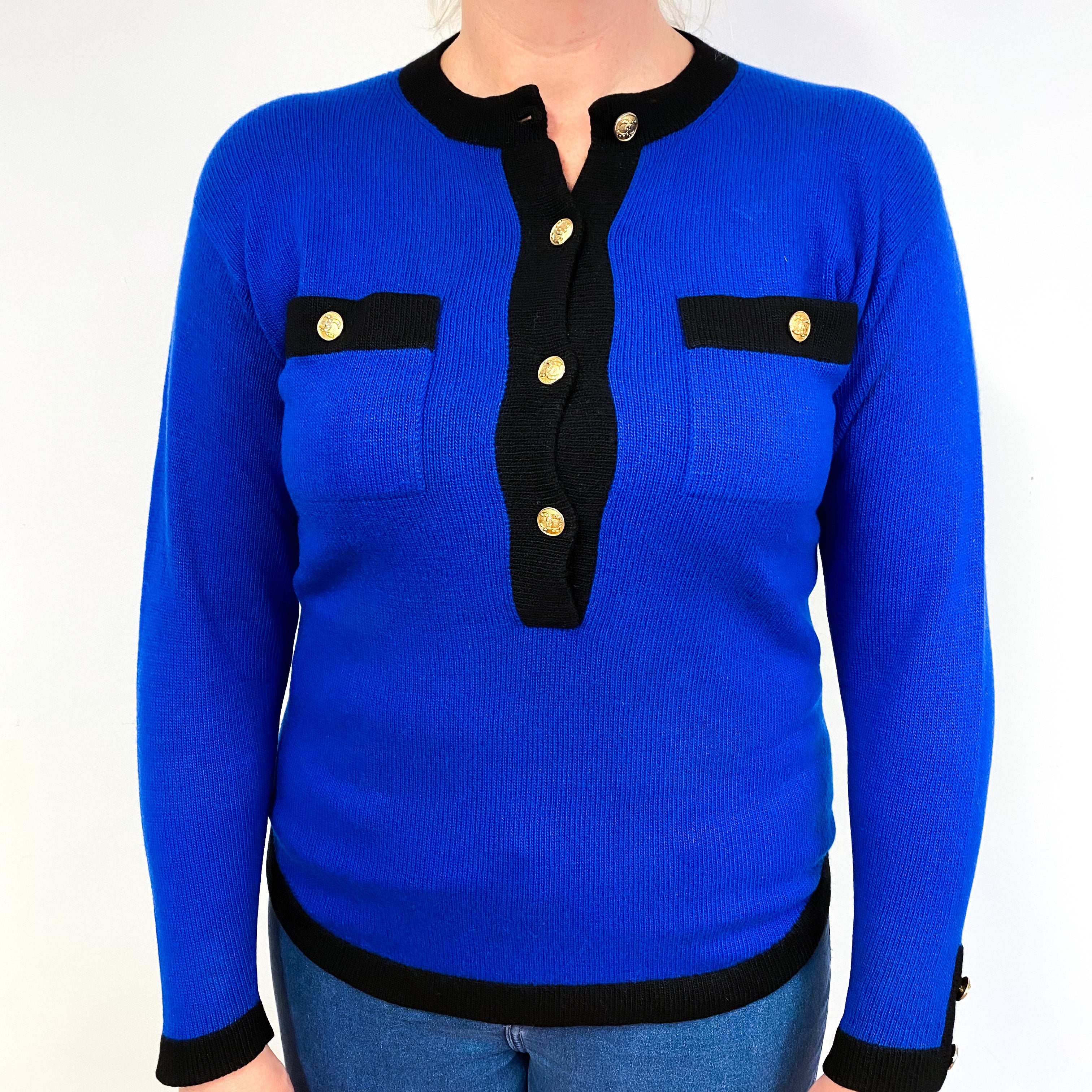 1980’s Vintage Blue Buttoned Cashmere Crew Neck Jumper Large