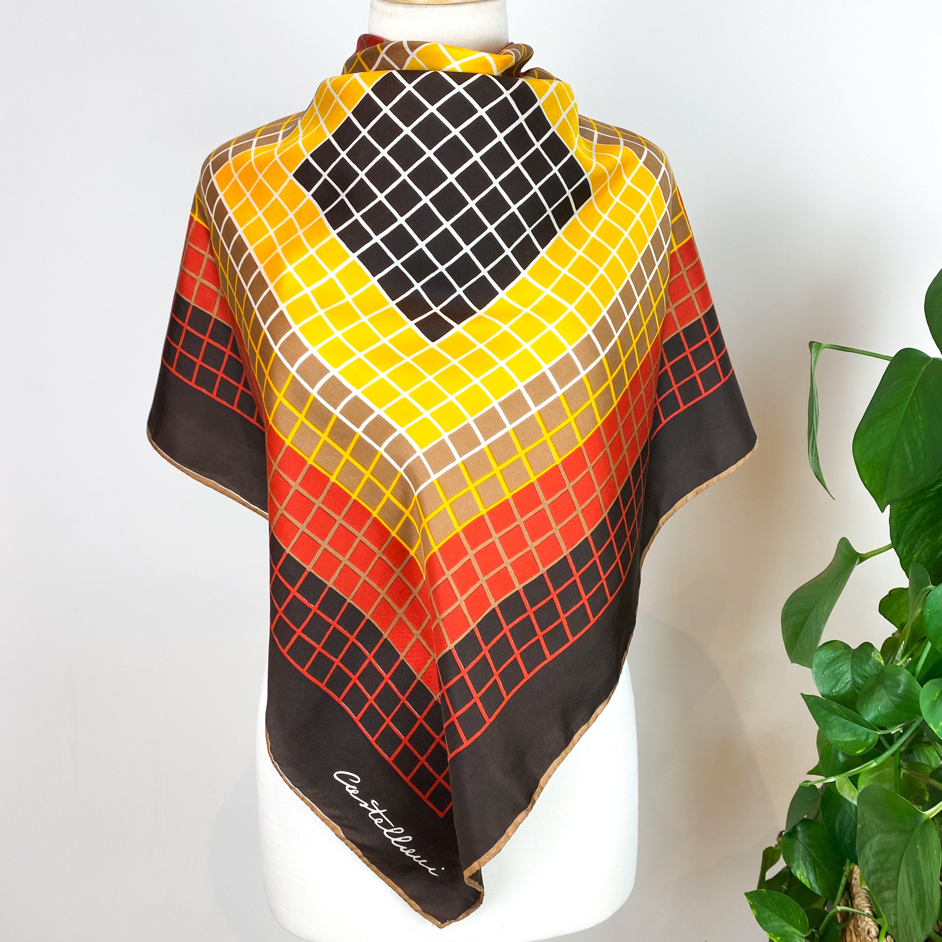 1980s Geometric Squares Vintage Silk Scarf