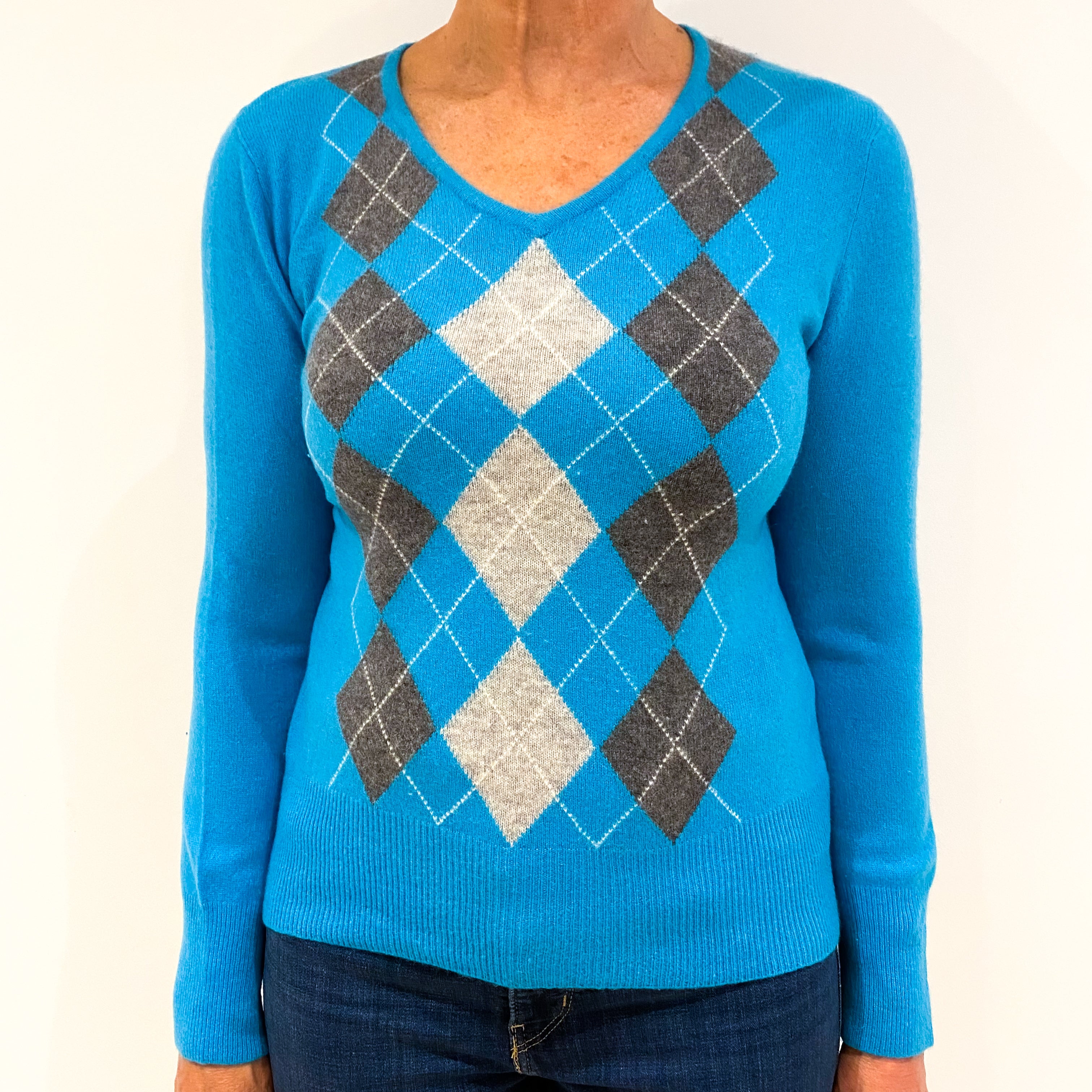 Aqua Blue Grey Argyle Front Cashmere V-Neck Jumper Medium