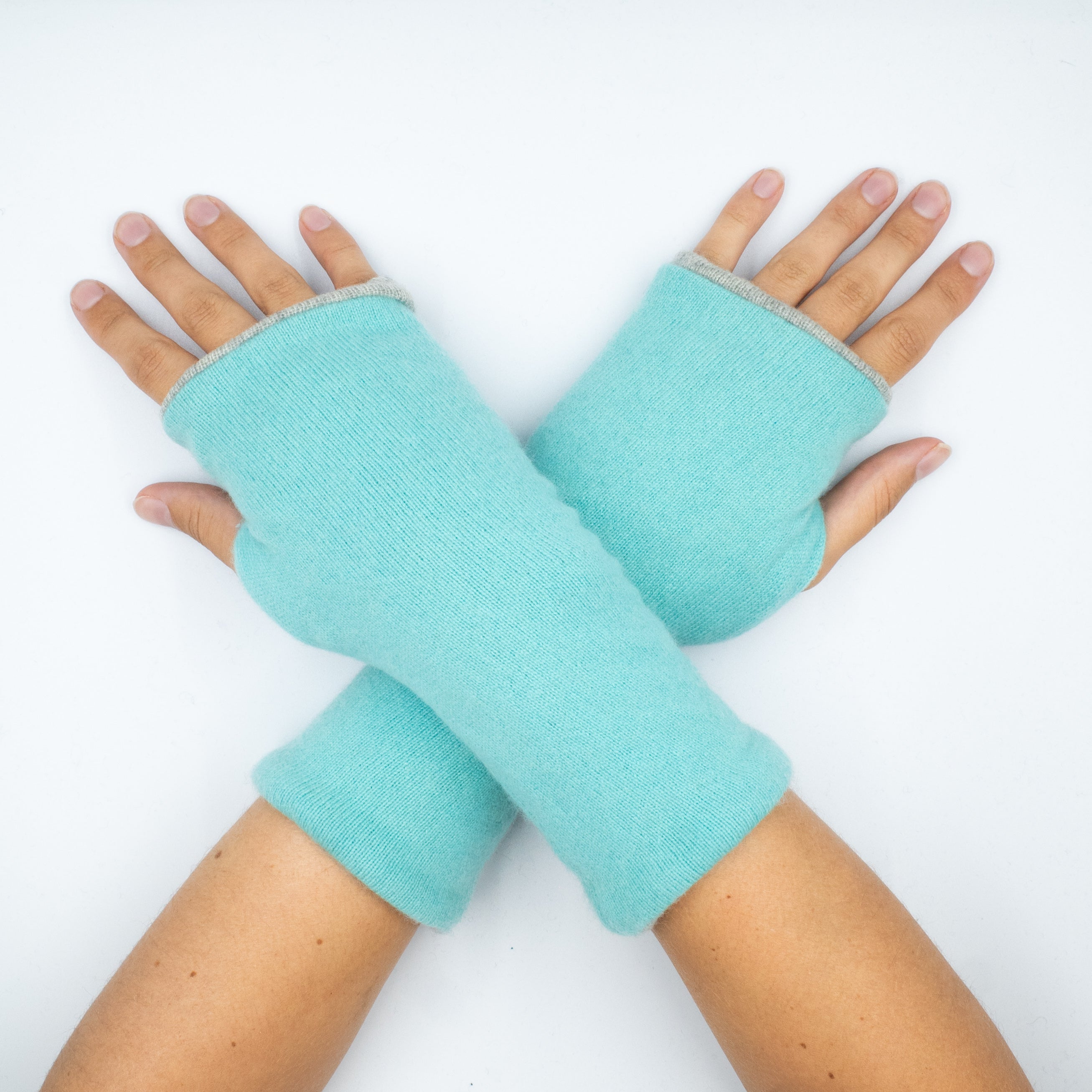 Aqua and Smoke Grey Luxury Reversible Cashmere Fingerless Gloves