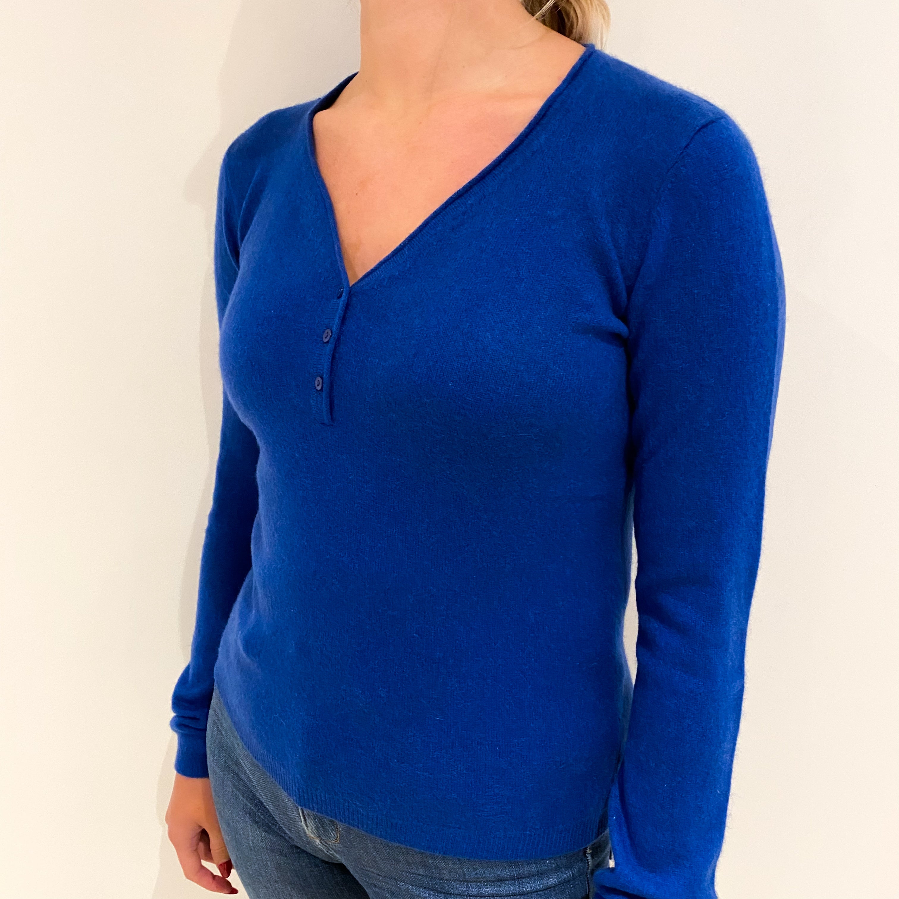 Admiral Blue Cashmere Buttoned V Neck Jumper Small