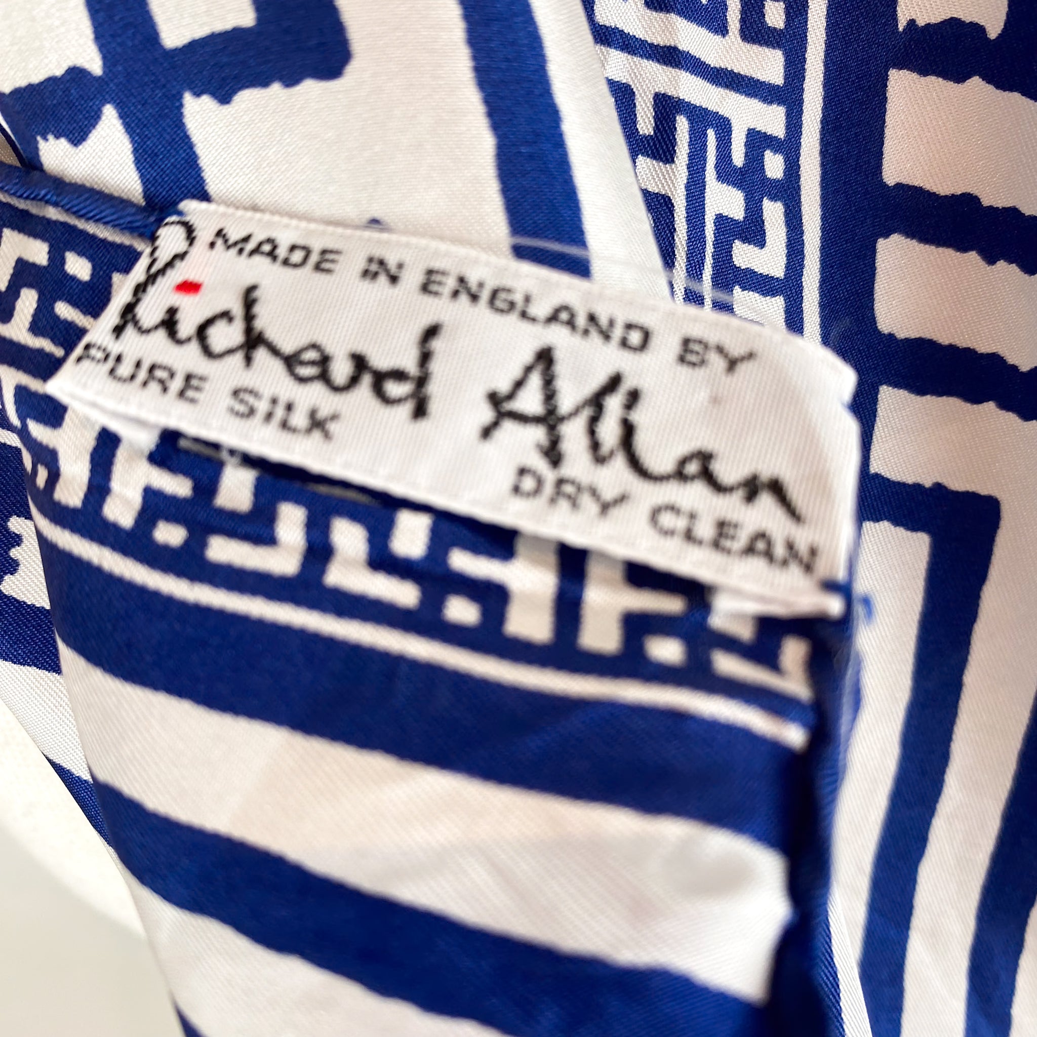 1970s Richard Allan Blue and White Vintage Silk Scarf