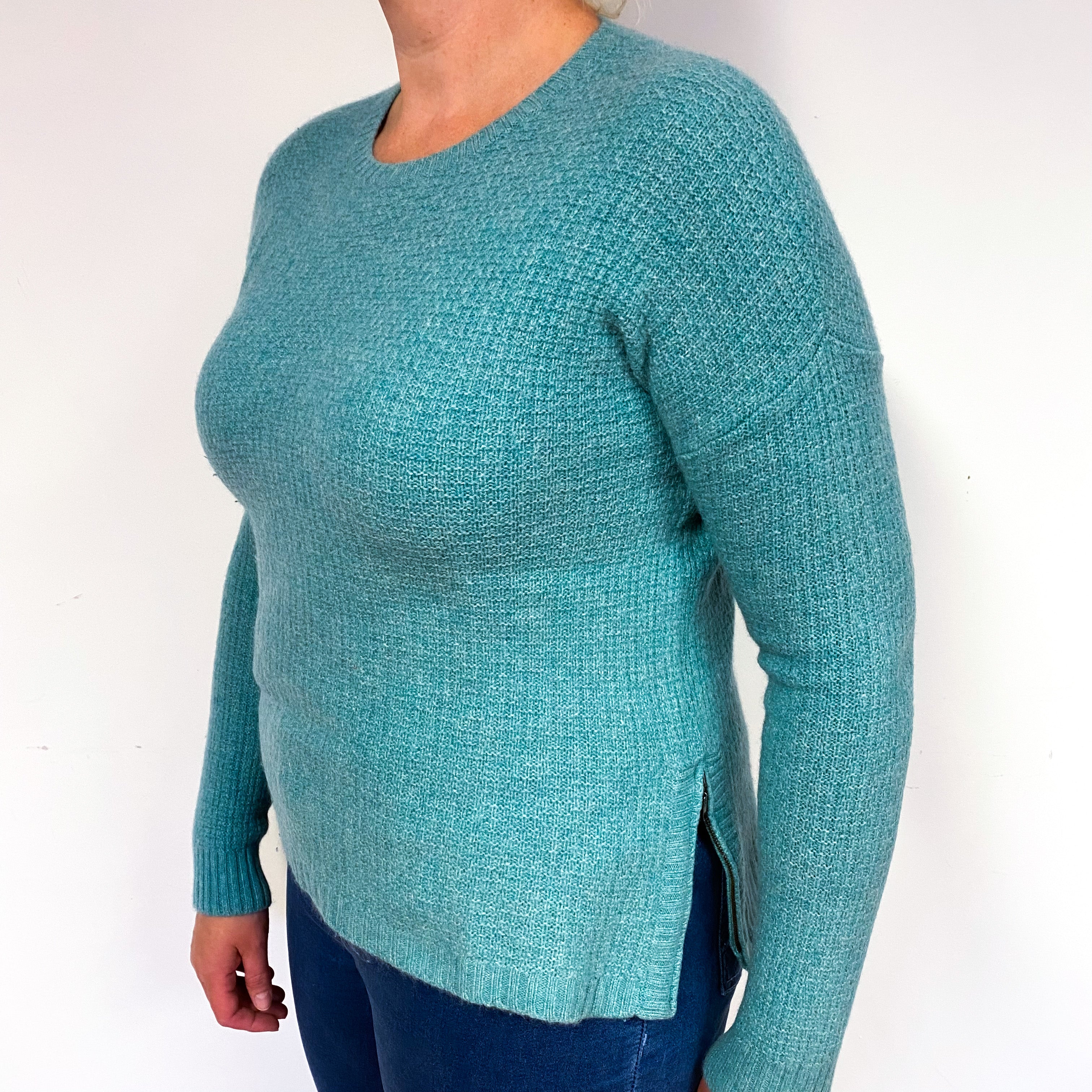 Aqua Green Waffle Cashmere Crew Neck Jumper Large