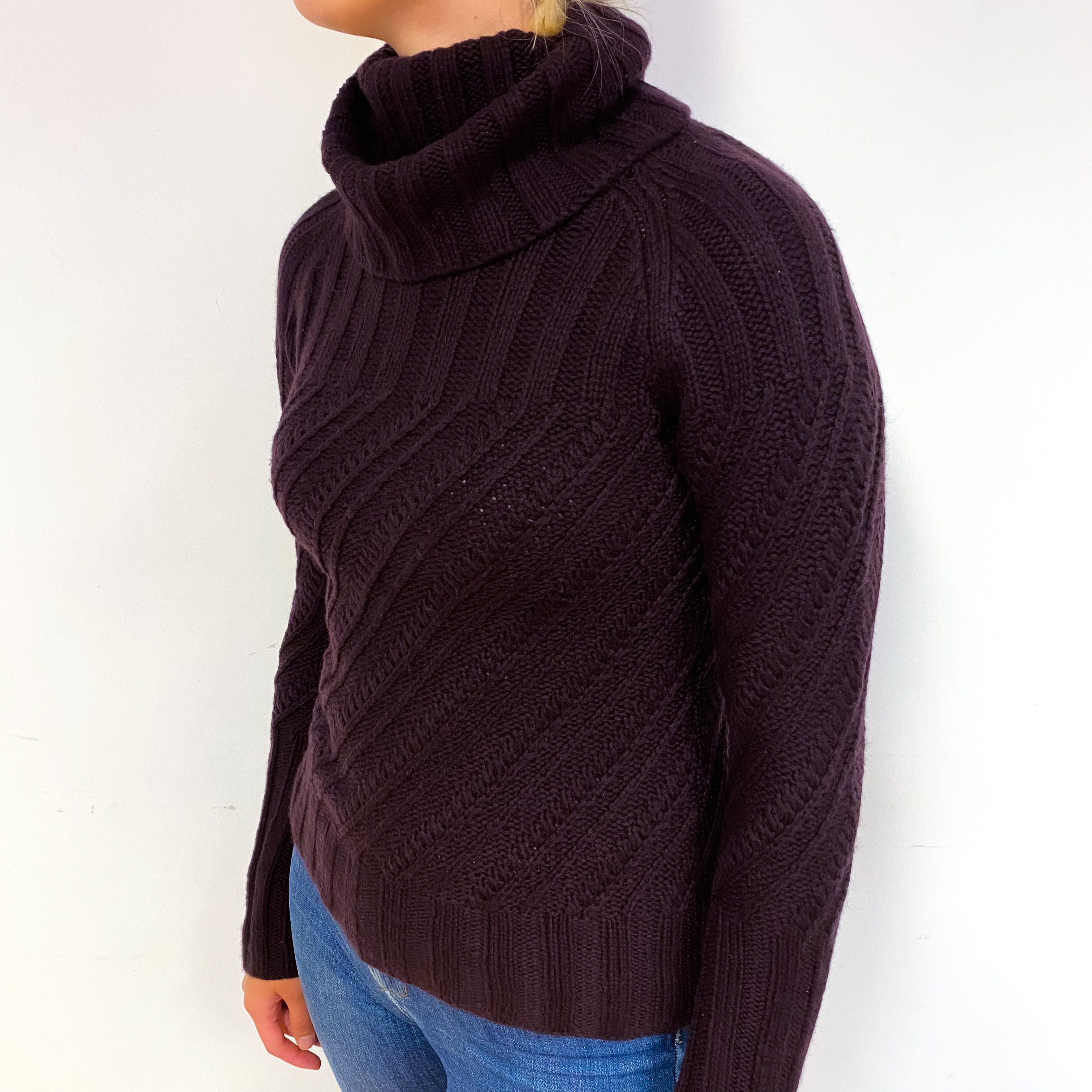 Aubergine Brown Chunky Cashmere Polo Neck Jumper Small