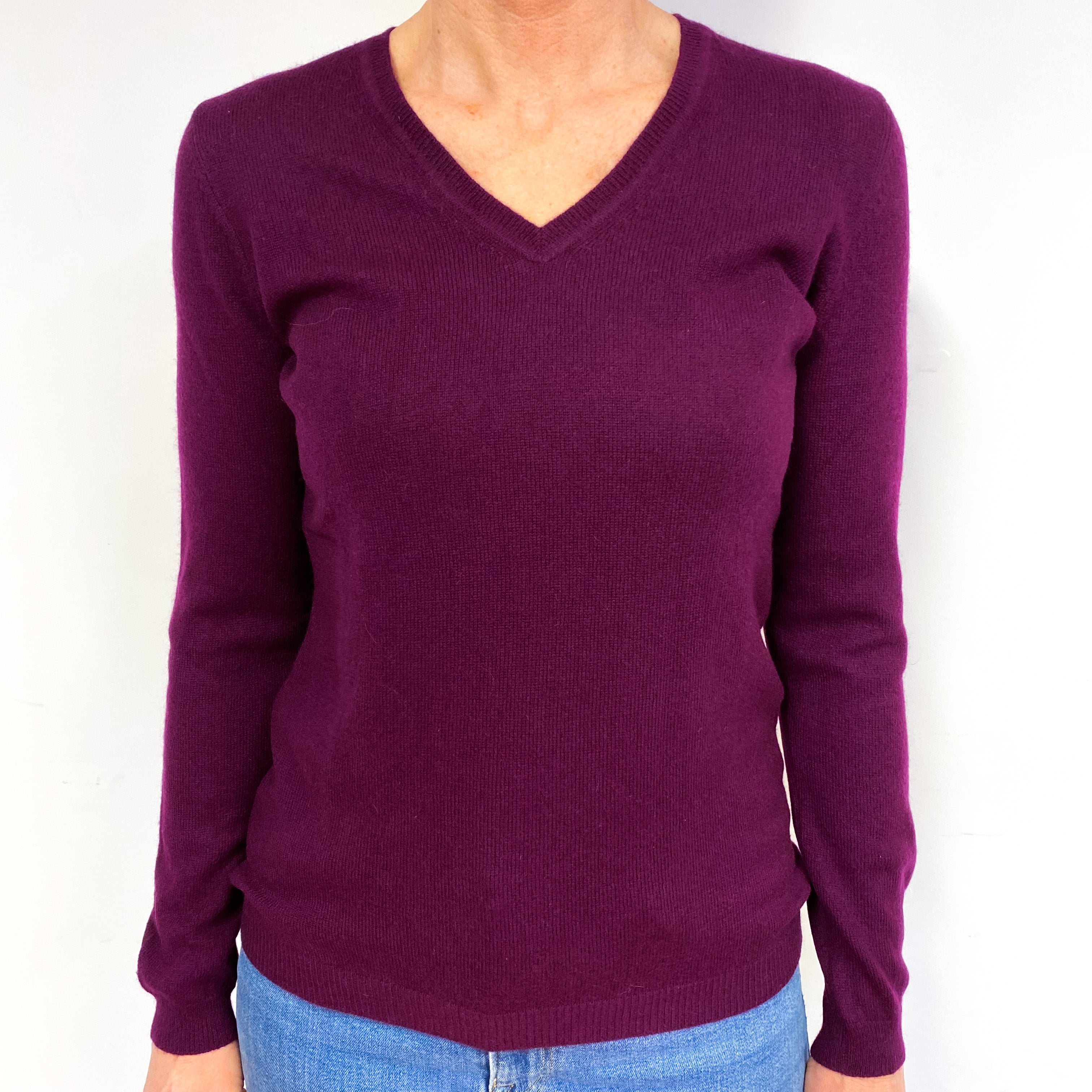 Aubergine Purple Cashmere V-Neck Jumper Medium