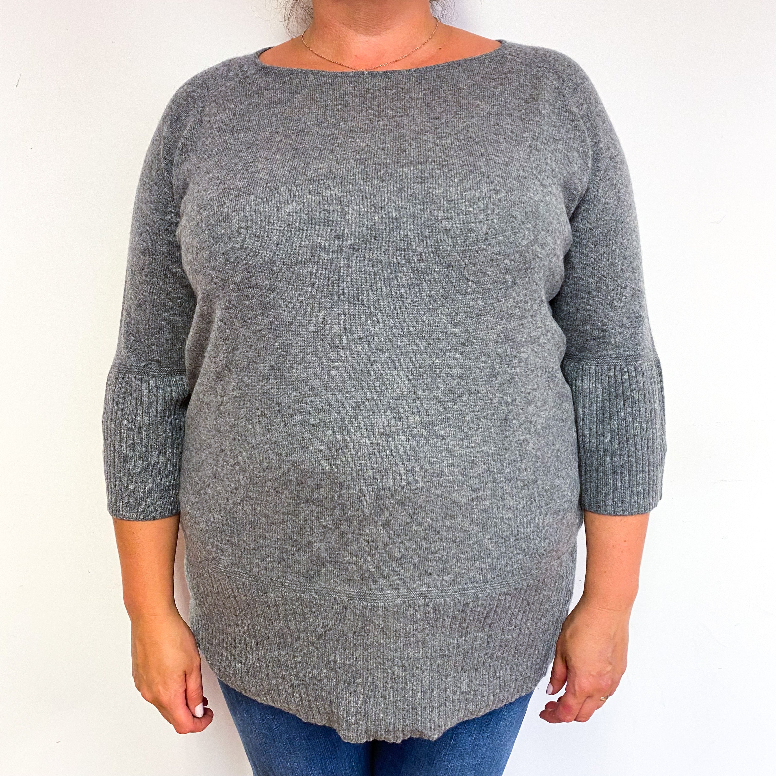 Ash Grey 3/4 Sleeve Cashmere Crew Neck Jumper Extra Extra Large